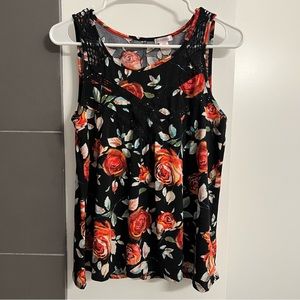 Xhilaration black and orange floral tank, size M